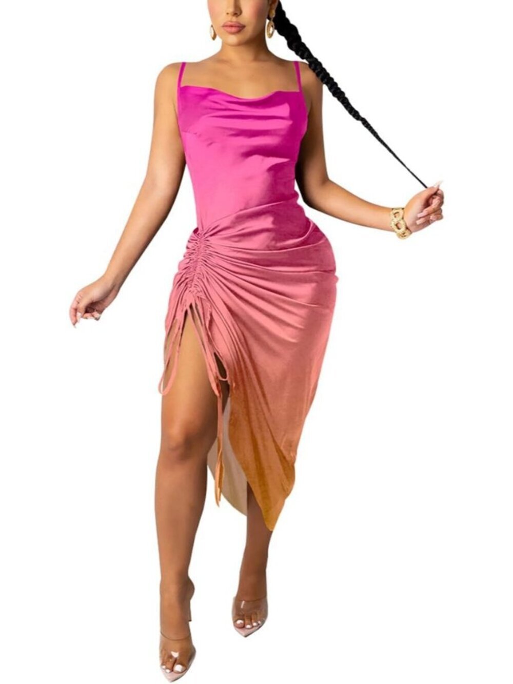 Women's Rose Pink Spaghetti  Satin Sexy Backless Drawstring Party Midi Dress